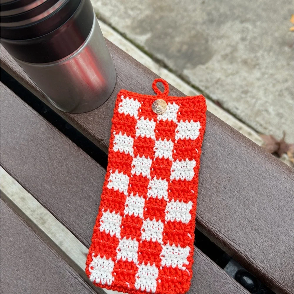 Red and White Checkered Crochet Pouch